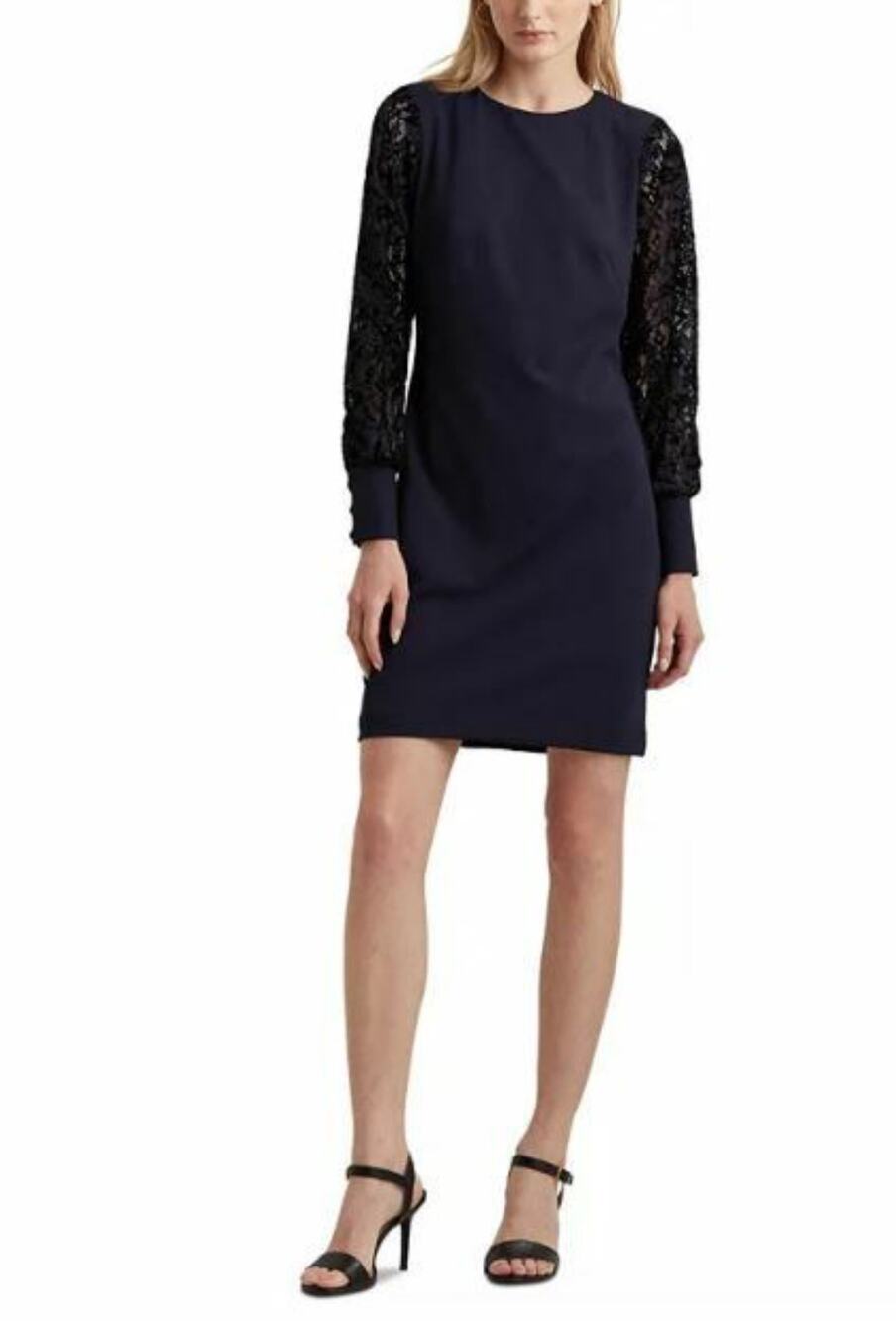 Ralph Lauren Navy Blue Cocktail Dress Crepe and Lace Long Sleeve Sheath Size 6
